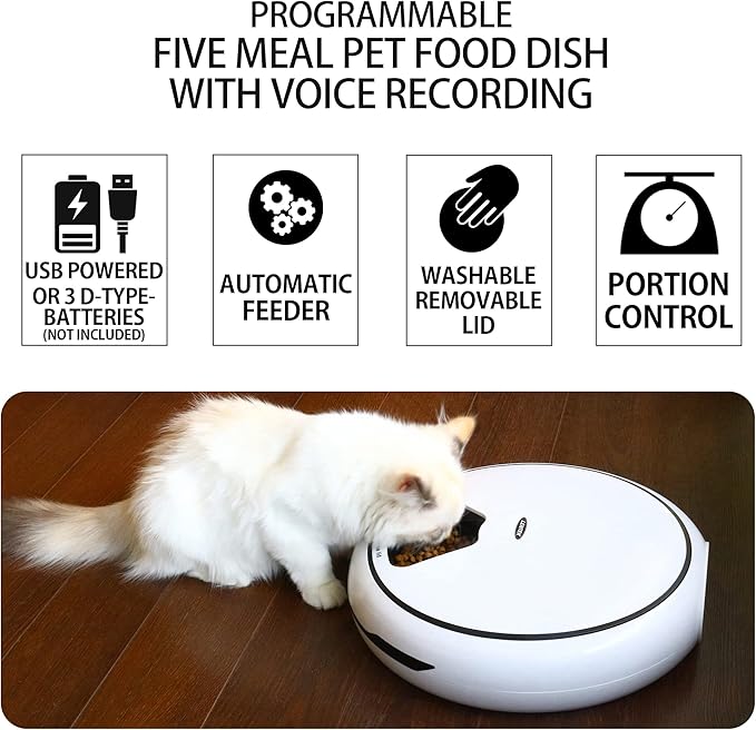 Lentek Automatic Pet Feeder - Auto Feeding Dispenser for Cat & Dogs, Set Time Dry Multiple Feeding, Alimentador Control, Programmable, USB Powered, Automatico De Sensor, 25 Oz Total Capacity, White
