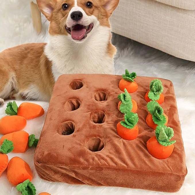 Carrot Dog Toy, Snuffle Mat for Dogs Toy Carrot, Interactive Carrot Dog Puzzle, 2 in 1 Non-Slip Nosework Feed Games, Dog Carrot Toy Pet Stress Relief with 12 Carrots(1)