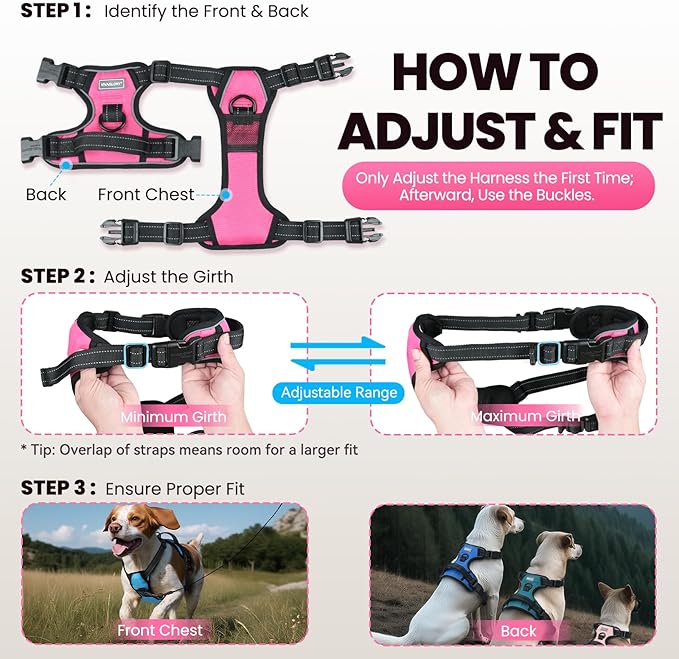 VIVAGLORY Dog Harness Easewalk No Pull Dog Harness with Handle Front Clip & Back Clip for Training Walking Lifting, No Pull Adjustable Easy On Padded Comfortable for Pet, XS, Sakura Pink - Plain