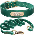 Real Leather Dog Collar Leash Set Personalized Genuine Leather Dog Pet Collars Leashes Custom for Small Medium Large Dog Pitbull Green Collar Leash S
