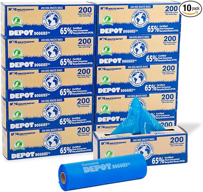 Dog Waste Depot® Depot Doggies™ - Blue - Baby Powder Scented - 65% (PCR) Post Consumer Recycled Dog Waste Roll Bags - 50% thicker than competitor, fits the House dispenser (10 Rolls = 2000 bags)