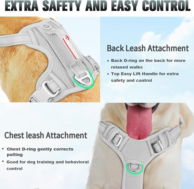 BARKBAY No Pull Dog Harness Large Reflective Dog Harness with Front Clip and Easy Control Handle for Walking Training Running with ID tag Pocket(Grey,XL)