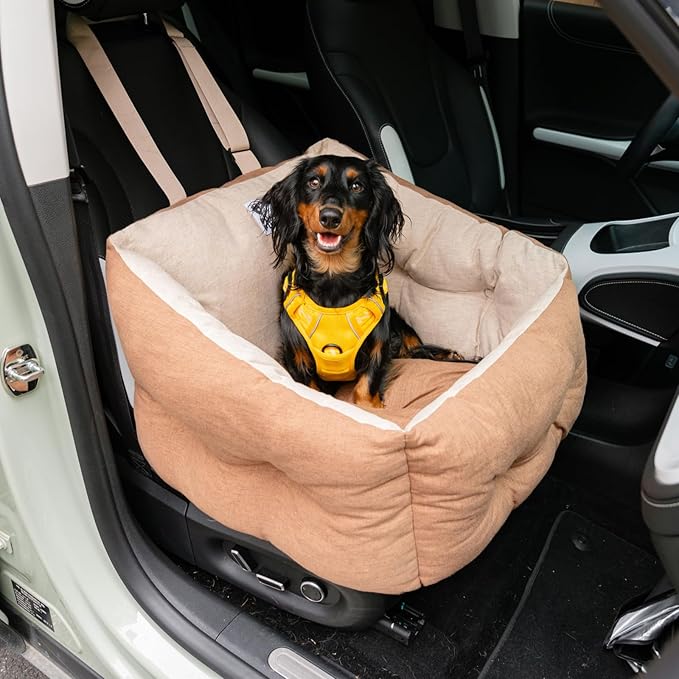 FUNNY FUZZY Dog Car Booster Seat for Small/Medium Dogs Up to 39lbs – Waterproof Fabric, Non-Slip Base, Safety Leash, Fully Detachable & Machine Washable Cover (Brown)