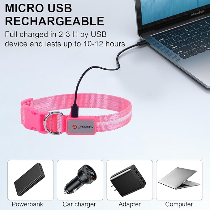 CHUKCHI LED Dog Collar Rechargeable,Waterproof Flashing Collar,Light Up Glow Collar, Adjustable Soft Safety Light Up for Small Medium Large Dogs Walking Camping at Night (Pink-M)