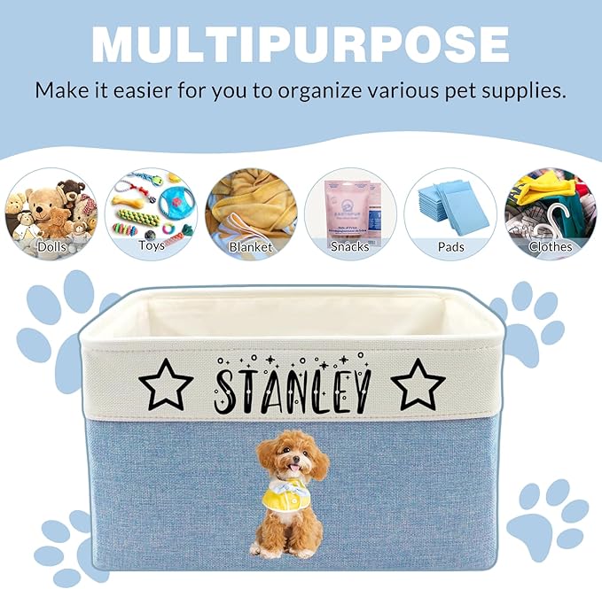 Customized Pet Toy Storage Basket - Personalized Dog & Cat Toy Organizer with Name, Foldable & Durable Fabric Bin for Pet Supplies, Organizer for Toys, Coats, Clothing, Blankets Blue