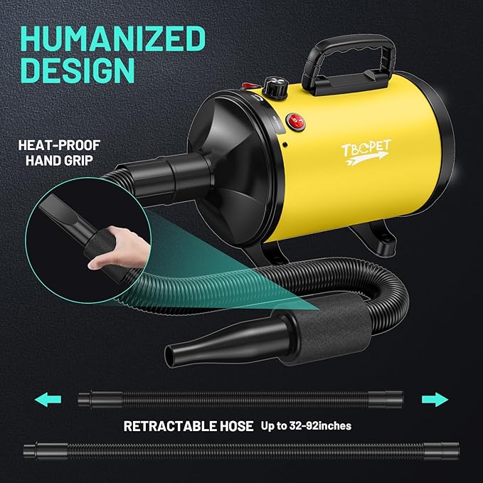 Dog Dryer High Velocity Dog Hair Dryer 5.2HP/3800W, Stepless Adjustable Speed Temperature Dogs Grooming Blow Dryer, Pet Dryer with 4 Nozzles,Blow Dryer for dogs, Yellow