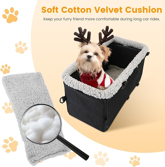 Small Dog Car Seat, Dog Car Carrier with Side Pocket Cotton Velvet Cushion, Portable Travel Pet Car Seat with Harness for Dogs Cats Up to 9LBS