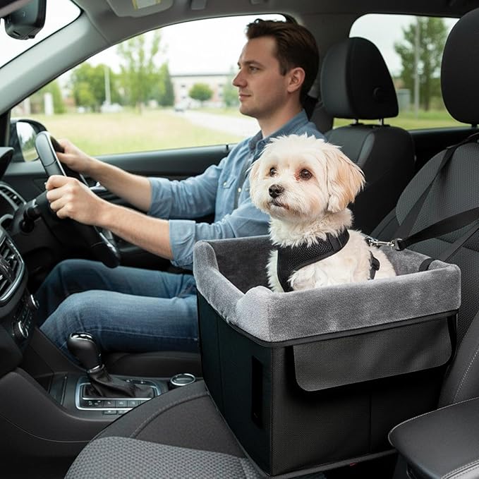 Dog Car Seat, Portable Plush Booster Bed, Material Plush, Pet Travel Carrier, Washable Vehicle Seat, Storage Pocket Design, for Road Trip Back Front Center Commute Travel