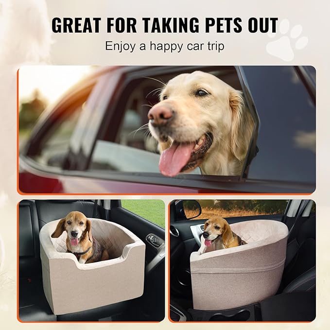 Happybuy Dog Car Seat, Waterproof Dog Booster Seat for Car with A Storage Pocket, Clip-On Safety Leash and Sponge Filling, Dog Car Bed for Small & Medium Dog up to 55lbs, Brown