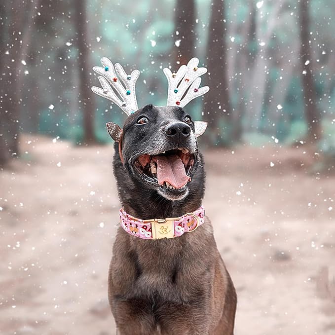 Elegant little tail Christmas Dog Collar, Pink Deer Print Pet Collar Dog Durable Cute Dog Collars Winter Holiday Male or Female Pet Gift Adjustable Dog Collar for Small Puppy