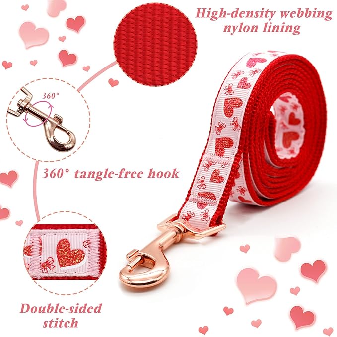 azuza Valentine's Day Dog Collar and Leash Set, Adjustable Pink Dog Collar with Glittery Red Heart Pattern Matching Leash Valentines Day Gifts for Small Dogs