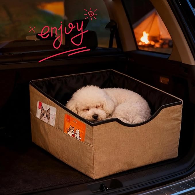 Portable Foldable Cat Dog Car Seat for Small Dogs Spacious Travel Bed with Clip-On Safety Leash Comfy Carseat with Storage Pockets Cat Puppy Car Travel Carrier Bed (Khaki)