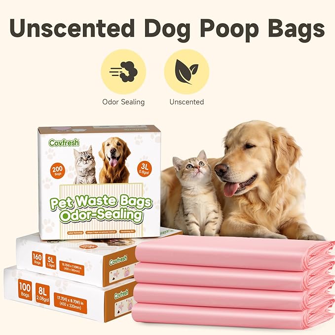 Odor-Sealing Dog Poop Bags with Handles 200 Count Pet Waste Bags, Large Capacity & Unscented Poop Bags for Dogs or Cat Litter, Conceals Smell & Mess (White)
