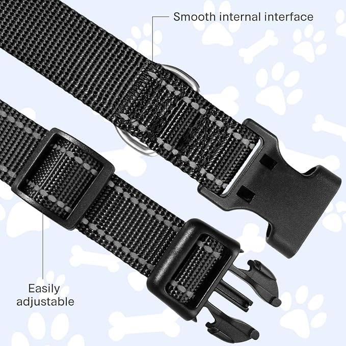 FunTags Reflective Dog Collar, Sturdy Nylon Collars for Puppy and Extra Small Girl and Boy Dogs, Adjustable Dog Collar with Quick Release Buckle,Black,3/8" Width