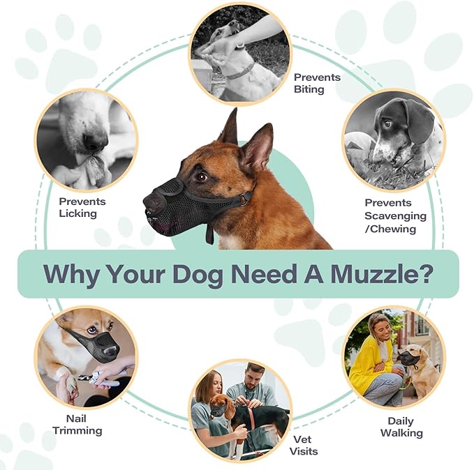 LUCKYPAW Dog Muzzle for Large Medium Small Dogs, Patented Mesh Muzzle to Prevent Biting Chewing Eating, Soft Mouth Guard with Front Opening Design for Drinking Panting (Grey, XS)