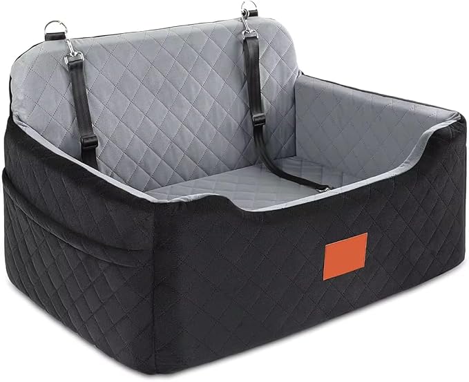 Quilted Car Dog Booster Seat, Black and Gray, Double Pet Car Seat with Safety Straps, Washable Travel Carrier. (Black Gray)