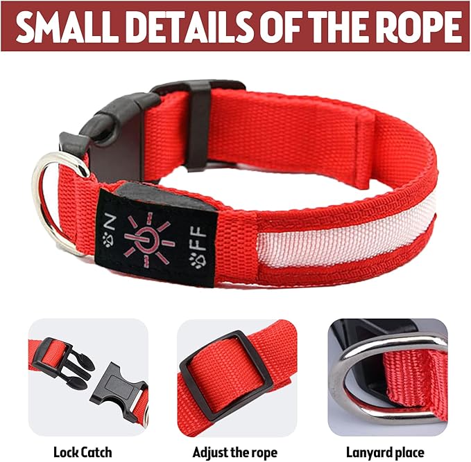 LED Dog Collar, Reflective Dog Collar, USB Rechargeable with 100% Waterproof Luminous Collar, Suitable for Medium and Large Dogs (Red, M)