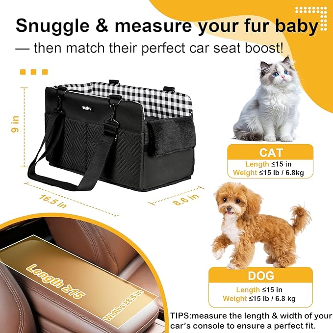 Console Dog Car Seat for Small Dogs Cats Up to 15lbs, Anti-Collapse Pet Armrest Booster Seat with Soft Pillow,Non-Slip Seat Rails Hooks & Safety Belt, Portable Car Accessories for Pets Travel