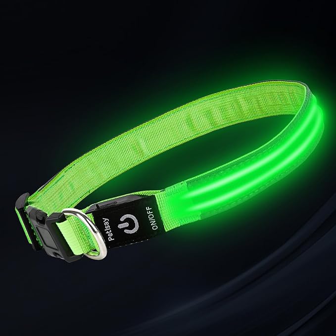 PetIsay Dog Light up Collar for Night Walking - High Visibility LED Dog Collar - Rechargeable - Waterproof - Reflective - Adjustable Lighted Glow Collars(Green, Large)