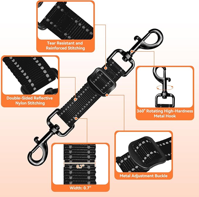 Dog Collar Safety Clip, Adjustable Backup Safety Strap, Double-Ended Leash Connector, High Reflectivity, Suitable for Dog Harnesses to Collar Safety Clips (Black)