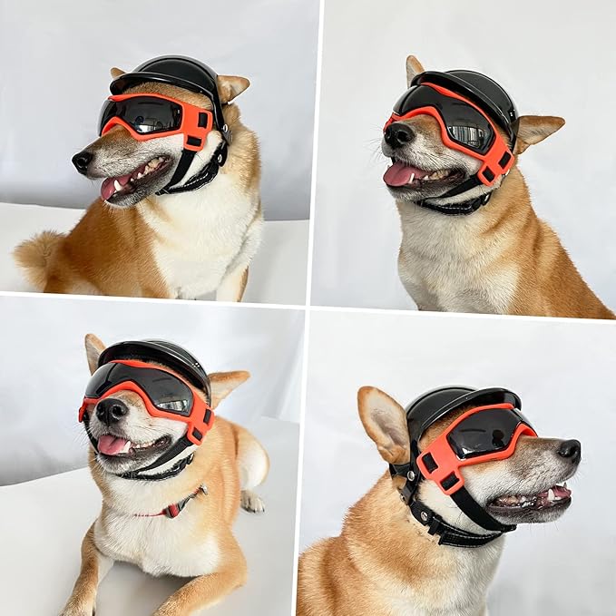 PETLESO Dog Goggles for Small Dogs with Helmet, Pet Sunglasses and Motorcycle Helmet Set for Small Medium Dog Outdoor Driving Walking, Orange