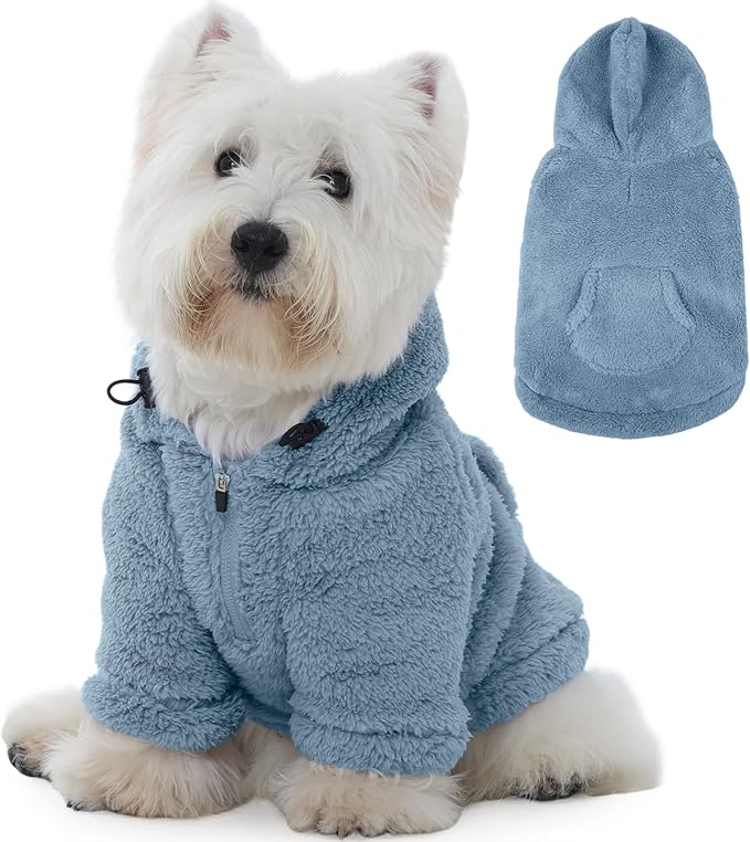 IDOMIK Fuzzy Dog Sweater with Adjustable Hood, Warm Fleece Dog Sweater Hoodie with Harness Hole & Pocket, Pullover Sweaters for Small Dogs, Fuzzy Hooded Sweatshirt for Fall Winter Christmas,Blue,XS