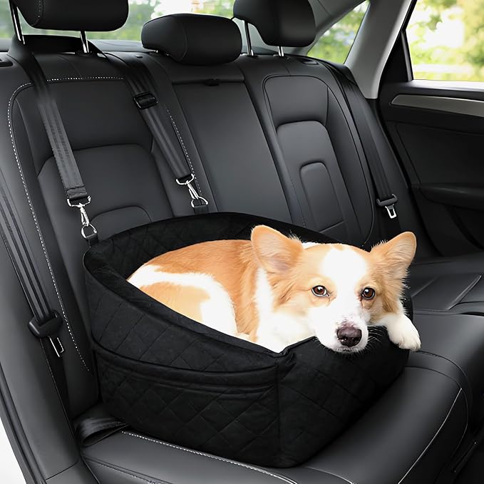 Dog Booster Car Seat, Comfy Dog Bed for Car with Safety Belt and Storage Pockets, Detachable Washable Pet Car Seat for Small Medium Sized Puppies Cats Under 30-35 LB