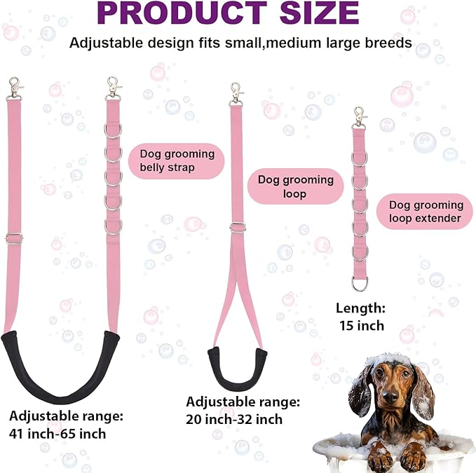Dog Grooming Belly Strap - 3PCS Grooming Restraint Set Adjustable Belly Band Loops Strap with Padded Support & Loop Extension Straps Pet Grooming Harness Kit for Dogs (Light Pink)