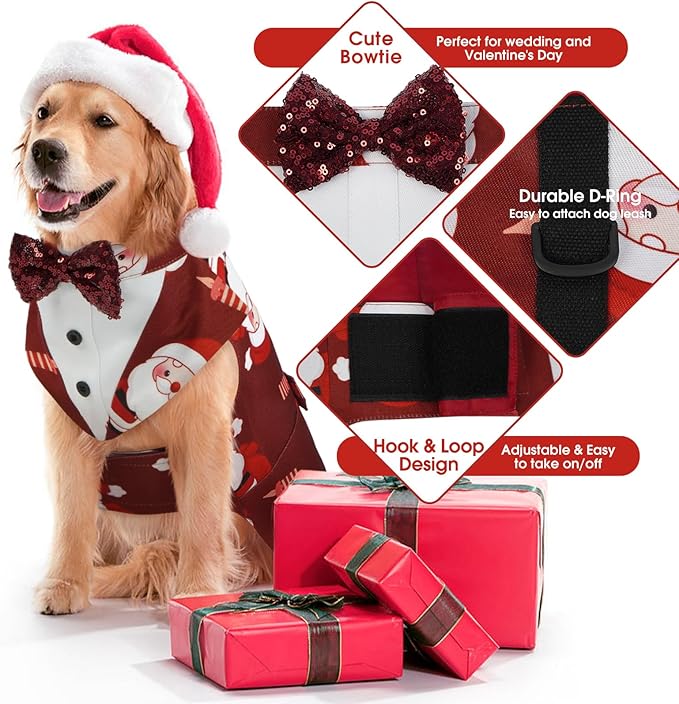 Kuoser Christmas Dog Tuxedo Dogs Suit and Bandana Set, Santa Claus Doggy Christmas Outfit Adjustable Pet Xmas Costume with Bow Tie for Large Medium Small Dogs Golden Retriever Samo Bulldogs, Red M