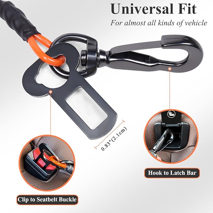 VIVAGLORY Dog Seat Belt Tuffbelt Dog Car Harness, Seatbelt with Clip & Hook for Car Travel, Chew Proof Anti Chew Unchewable Metal Safety Tether Restraint, L, Orange