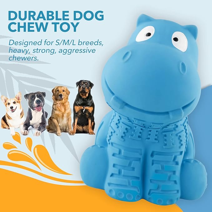 petizer Indestructible Squeaky Dog Toy for Aggressive Chewers - Durable, Natural Latex Toy for Small, Medium, Large Dogs - Blue Hippo