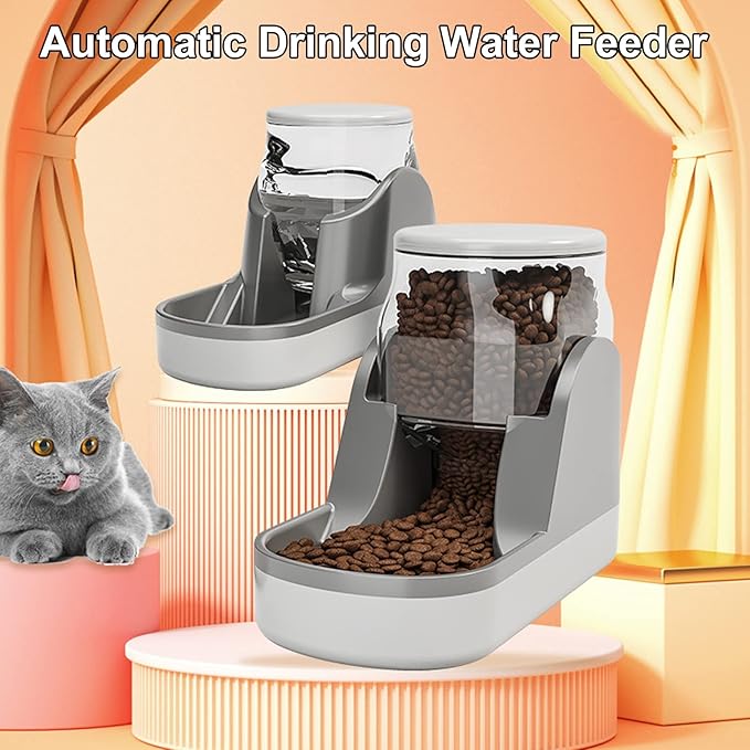 Automatic Pet Feeder with Transparent Tank - Large Capacity and Automatic Easy Cleaning Water Refill Design and Top Lid Gravity Water Bowl Cat Dog Feeder. Grey A