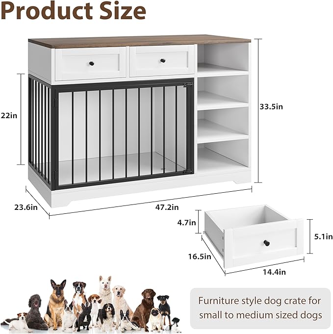 IDEALHOUSE 47” Large Dog Crate, Dog Kennel Indoor with 2 Drawers and 4 Shelves, Dog Crate Furniture TV Stand, Wooden Dog Cage for Medium Large Dogs, White