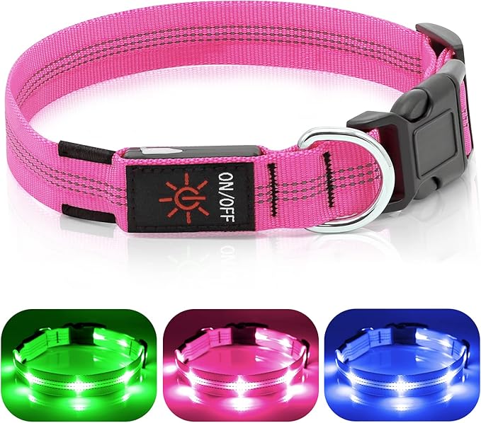 Weesiber Light Up Dog Collars - Rechargeable LED Collar - Reflective Adjustable Dog Lights for Night Walking (Pink, Small)