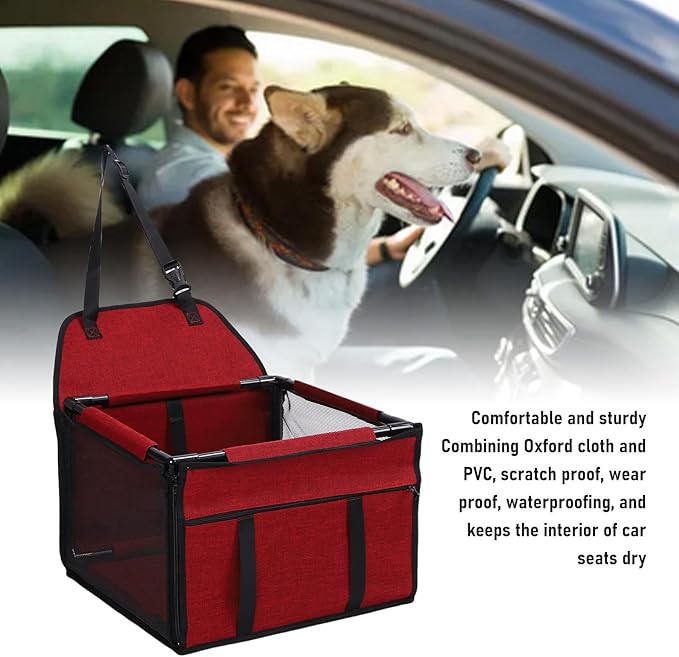 Dog Car Seat, Water Proof Foldable Portable Pet Travel Seat with Large Capacity and Premium Oxford PVC Material, for Medium Large Dogs (Red)