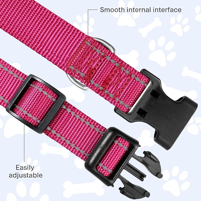 FunTags Reflective Dog Collar, Sturdy Nylon Collars for Medium Girl and Boy Dogs, Adjustable Dog Collar with Quick Release Buckle, Pink