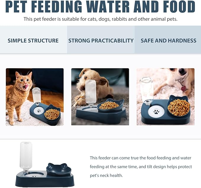 Mipcase Automatic Pet Drinking Bowl and Food Feeder Set, Spill-Proof Blue Plastic Raised Water Dispenser for Dogs and Cats, Suitable for Indoor and Outdoor Use
