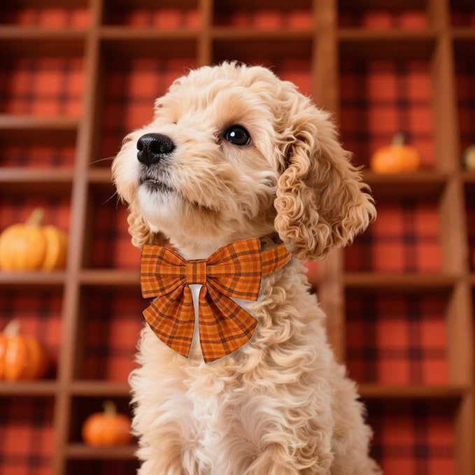 Maca Bates Fall Pumpkin Plaid Dog Collar with Sailor Bow Tie for Medium Girl,Boy,Autumn Checkered Puppy Collars with Bowtie,Halloween Gingham Print Adjustable Breakaway Soft for Male Female Dogs