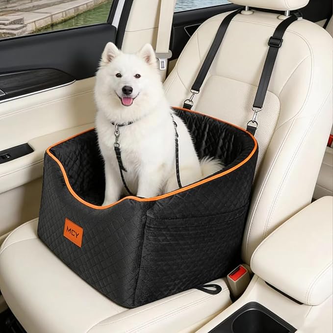 MCY Dog Car Seat for Small Dogs, Elevated Pet Car Seat, Travel Safety Pet Seat for Dogs up to 35 lbs, Memory Foam Booster Dog Seat with Washable Removable Cover, Storage Pockets, Black (Black)