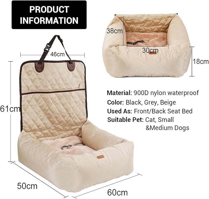 Dog Car Seat Booster for Small Dogs and Cats, Waterproof Quilted Nylon Pet Travel Bed, Durable Anti-Slip Car Seat Protector, Beige/Black/Grey, 60x50x18cm(Black)