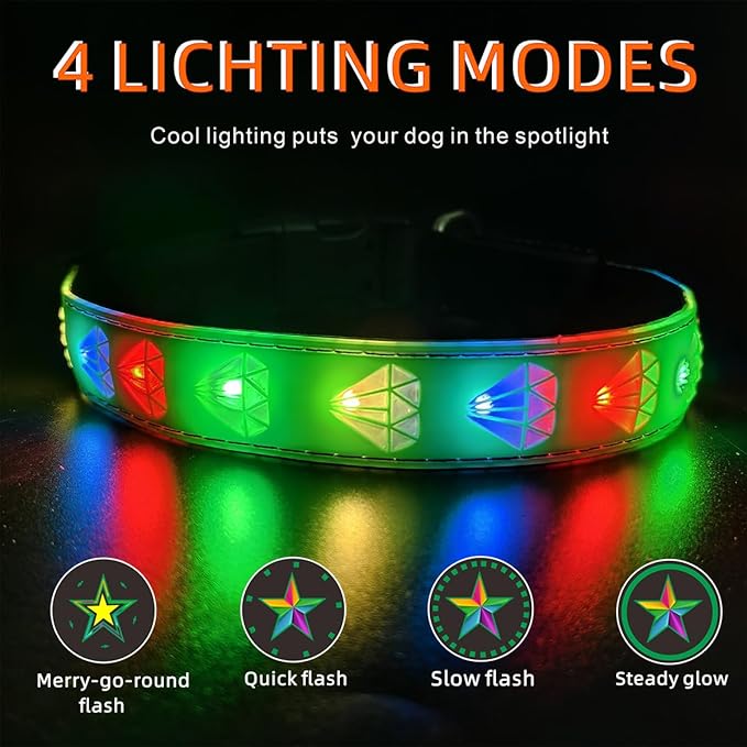 LED Dog Collar with Diamond Pattern, 15 Light Modes, with Bonus Pet ID Tag and Bell (Green Pro, S(7.87-11.8"))