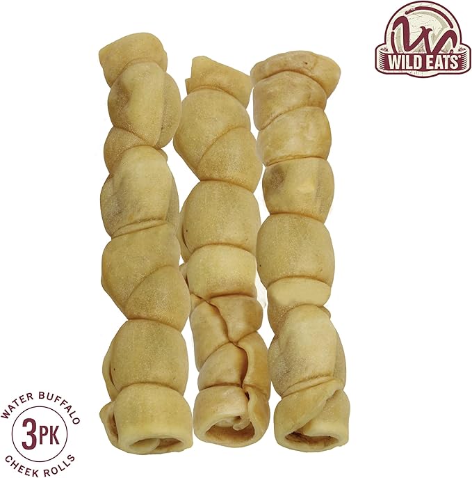 Wild Eats 9" Water Buffalo Treats No-Hide Cheek Roll - 3 Pack Long Lasting Dog Chews, Rawhide Free, Substitute for Pig Ears, for Aggressive Chewers & Large Dogs, Low Fat, High Protein