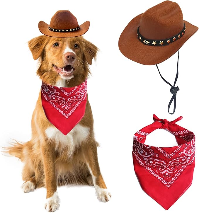 Dog and Cat Cowboy Hat with Bandana Scarf - Mini Pet Costume for Halloween, Holiday, Party Decoration (Brown, Large)