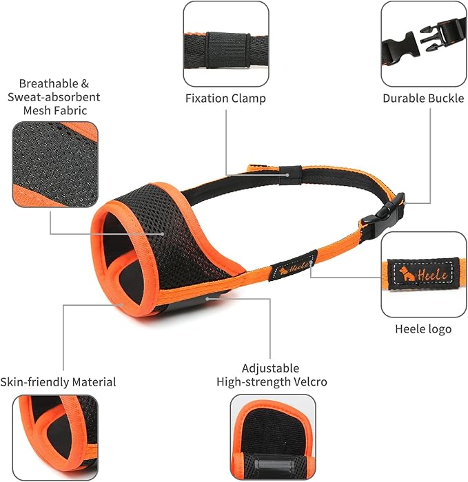 HEELE Dog Muzzle,Soft Nylon Muzzle Anti Biting Barking Chewing,Air Mesh Breathable Drinkable Adjustable Loop Pets Muzzle for Small Medium Large Dogs 4 Colors 4 Sizes (Orange, M)