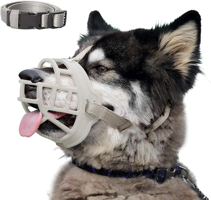 BARKLESS Dog Muzzle, Soft Silicone Basket Muzzle for Dogs, Allows Panting and Drinking, Prevents Unwanted Barking Biting and Chewing, Included Collar and Training Guide