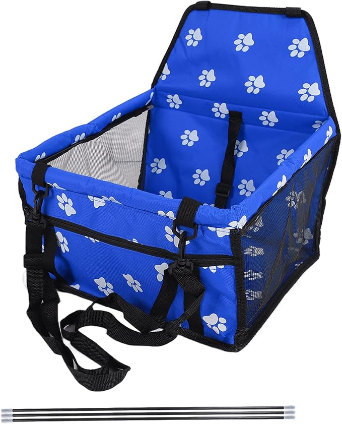 Pet Carrier Cage Dog Car Seat Bear Pattern Washable Foldable Pet Safety Travel Seat with Support Rod for Cars Oxford Cloth Material (Blue paw Print Support Stick Style)