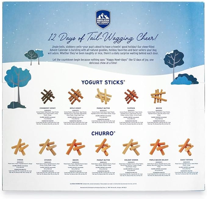 Himalayan Dog Chew Advent Calendar for Pets - Natural Treats Dog Advent Calendar 2025, Flavored Yogurt Sticks and Churros, Christmas Holiday Gift Box for All Breeds, 12 Full Sized Chews for Dogs