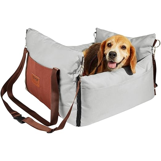 VEVOR Dog Car Seat, Waterproof Dog Booster Seat for Car with Side Handles and a Storage Pocket, Clip-On Safety Leash and PP Cotton Filling, Vehicle Bed for Small Dogs up to 25lbs, Gray