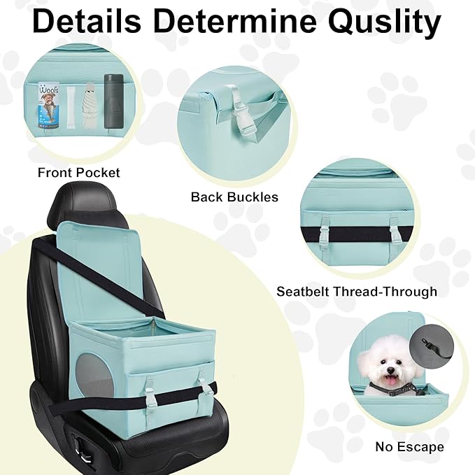Dog Travel Seat, Pet Booster Seat for Small Dogs with Safety Tether Leash, Machine Washable, Durable and Keeps Shape, Breathable Mesh Sides, Storage Pocket in Front, Fits Car Truck SUV, Green