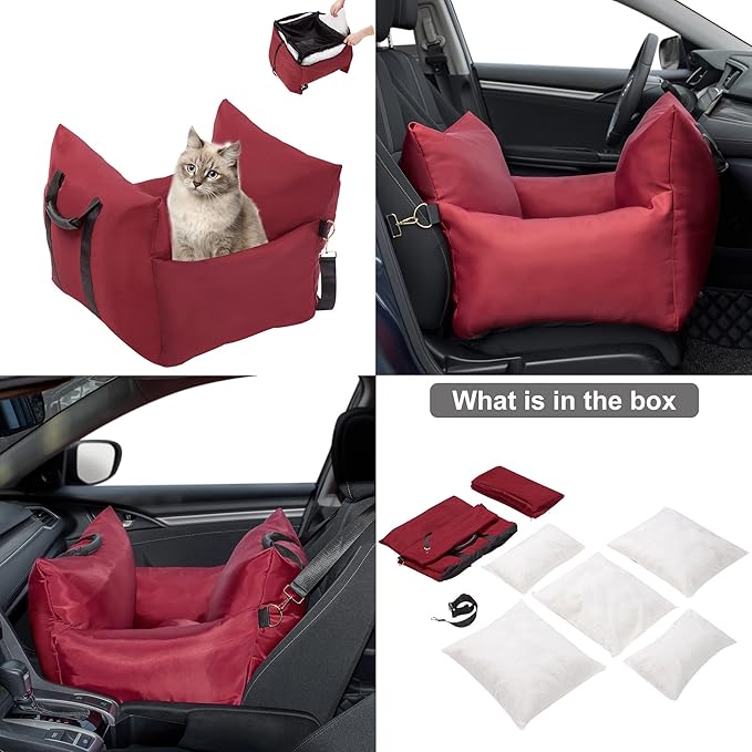 Small Dog Booster Pet Seat for Car Front Seat Ultra Soft Pet Bucket Portable Travel Pet Carrier Bed, Red